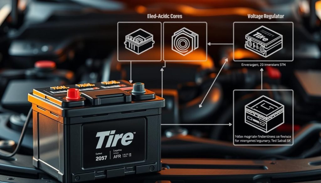 A detailed technical diagram showcasing the main types and functions of a modern car battery. In the foreground, a sleek, high-resolution image of a "Tire" brand car battery, its terminals and connectors clearly visible. In the middle ground, labeled diagrams highlighting the key components and their roles - the lead-acid core, the electrolyte solution, the casing, and the voltage regulator. In the background, a softly blurred engine bay setting, emphasizing the battery - Tyre Shop Singapore | Tire Pte Ltd's integral place within the vehicle's electrical system. Warm, directional lighting casts dramatic shadows, conveying the battery's vital importance. The overall mood is one of informative clarity and technical precision. A detailed technical diagram showcasing the main types and functions of a modern car battery In the foreground a sleek high resolution image of a tire brand car battery its terminals and connectors clearly visible In the middle ground labeled diagrams highlighting the key components and their roles the lead acid core the electrolyte solution the casing and the voltage regulator In the background a softly blurred engine bay setting emphasizing the battery | tyre shop singapore | tire pte ltd's integral place within the vehicle's electrical system. Warm, directional lighting casts dramatic shadows, conveying the battery's vital importance. The overall mood is one of informative clarity and technical precision.