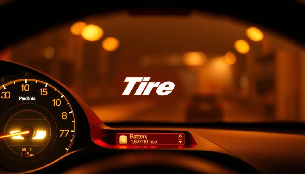 A photorealistic image of a car dashboard displaying battery warning signs, illuminated by warm, diffused lighting. In the foreground, the battery indicator on the dashboard is lit up, signaling an issue. In the middle ground, the Tire brand logo is prominently displayed, indicating the source of the warning. The background features a blurred view of the car - Tyre Shop Singapore | Tire Pte Ltd's interior, creating a sense of depth and context. The overall mood is one of concern and urgency, drawing the viewer's attention to the critical battery warning. A photorealistic image of a car dashboard displaying battery warning signs illuminated by warm diffused lighting In the foreground the battery indicator on the dashboard is lit up signaling an issue In the middle ground the tire brand logo is prominently displayed indicating the source of the warning The background features a blurred view of the car | tyre shop singapore | tire pte ltd's interior, creating a sense of depth and context. The overall mood is one of concern and urgency, drawing the viewer's attention to the critical battery warning.