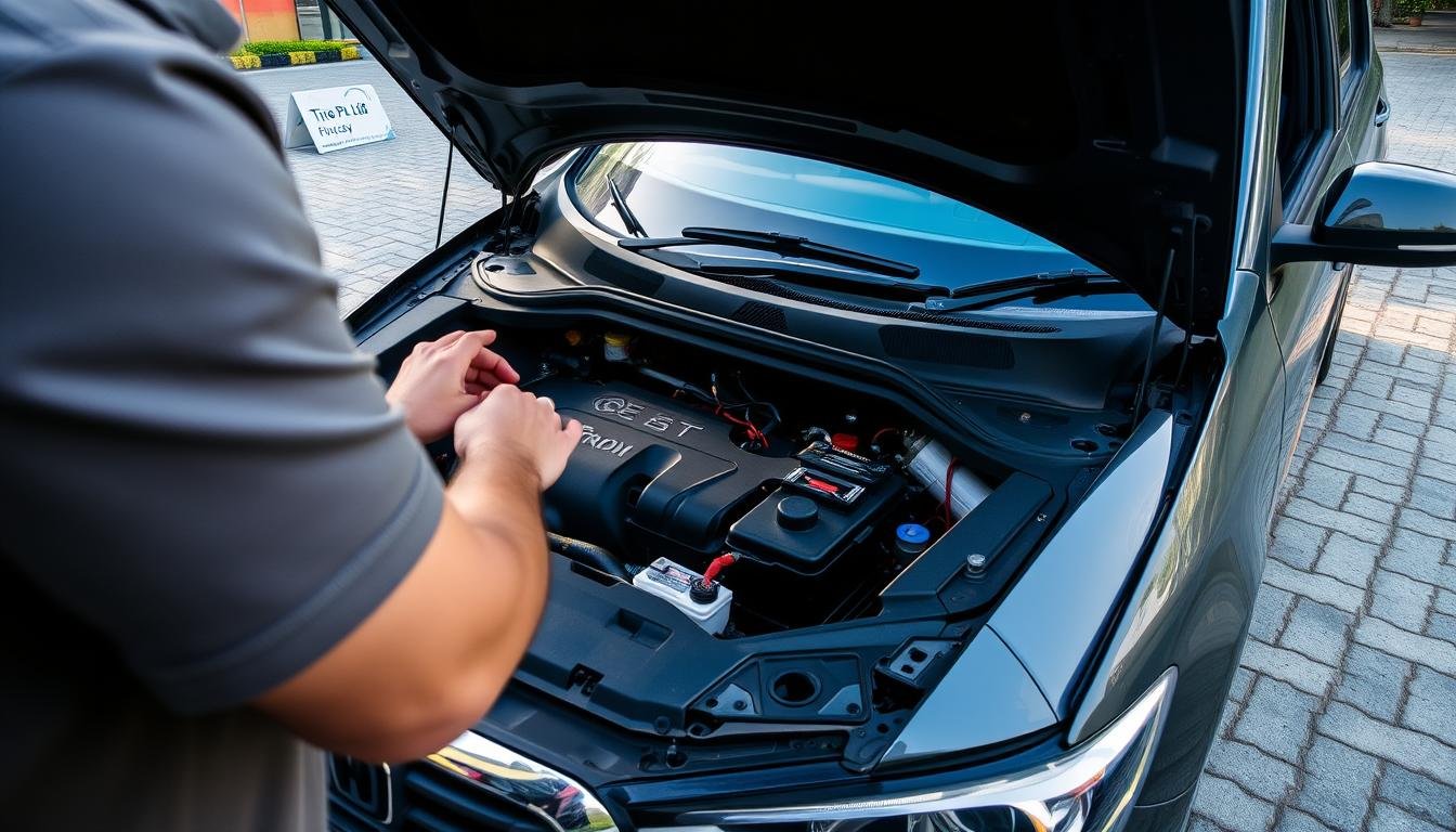 A well lit detailed scene of a car parked on a paved surface with the hood open and a person in the foreground examining the exposed battery The engine bay is visible with wires and components neatly arranged In the background a small signage for tire pte ltd can be seen subtly incorporated into the scene The overall mood is one of focused attention and problem solving with a sense of care and professionalism in the car maintenance process | tyre shop singapore | tire pte ltd