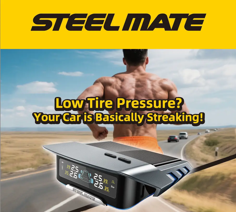 Steelmate ad with a muscular runner on a highway foreground shows a tire pressure monitor device and bold headline about low tire pressure | tyre shop singapore | tire pte ltd | tyre shop singapore | tire pte ltd